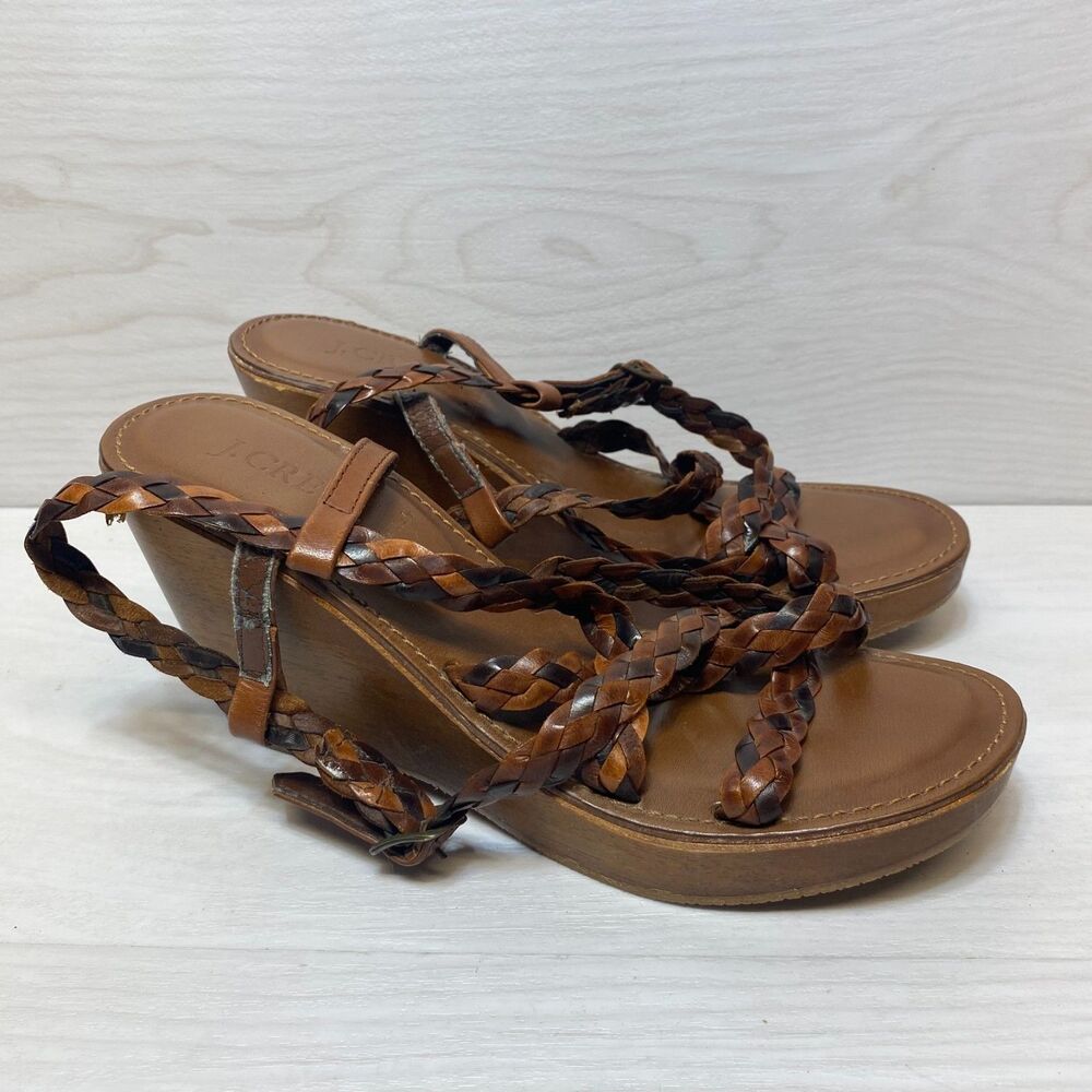 J.CREW Wedge Sandals Women's Size 7 Brown Leather Strappy Boho Adjustable Straps